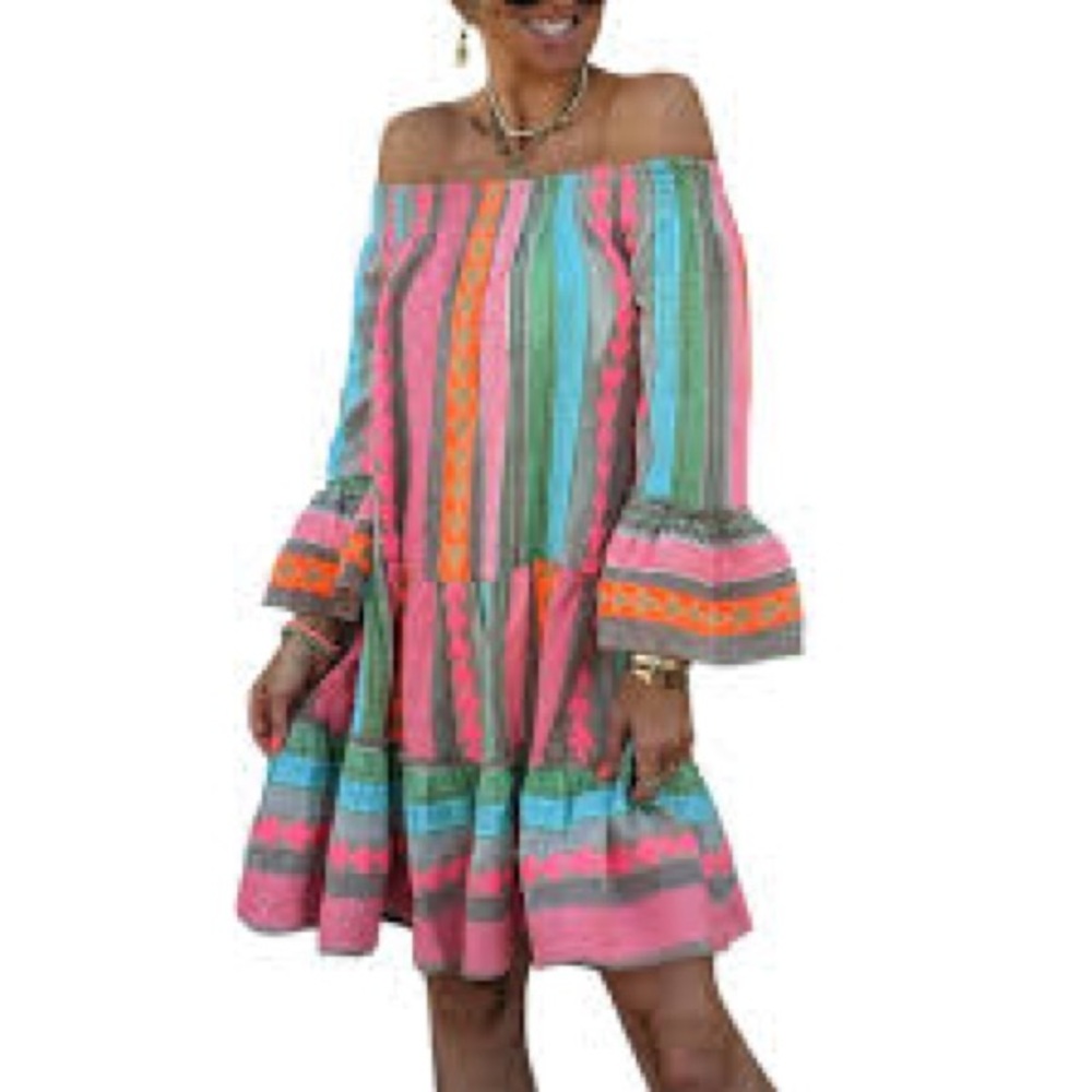 Multi-color, Off-the-shoulder, Tiered dress with a Ruffled Hem and Sleeves - Picture 2 of 9